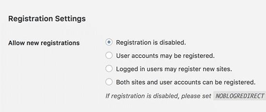 WordPress multisite registration settings