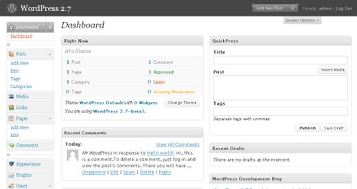 WordPress 2.7 Dashboard