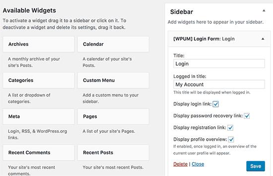 Add user login and profile link widget to sidebar