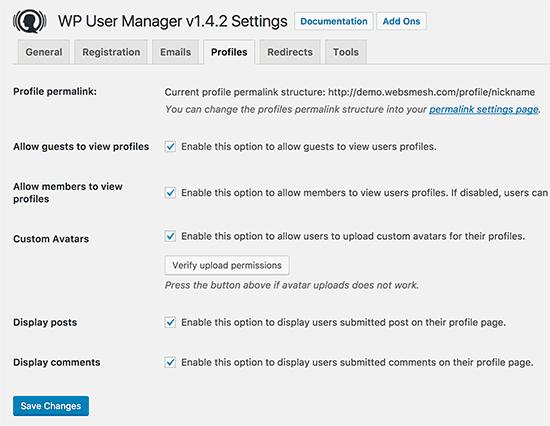 User profile page settings