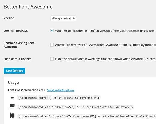 Settings page for better Font Awesome plugin