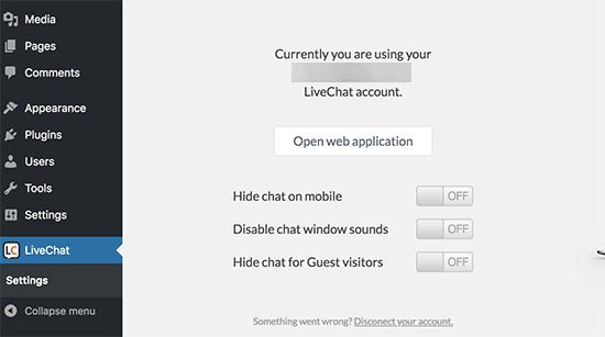 LiveChat settings for WordPress
