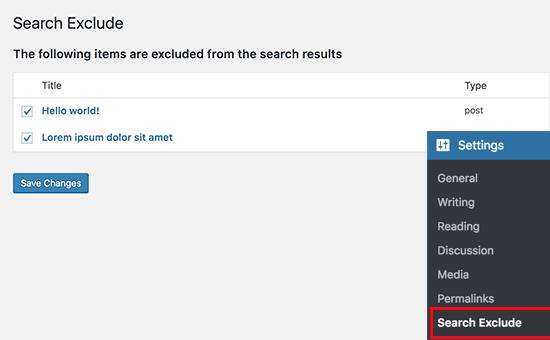 Content you have excluded from WordPress search