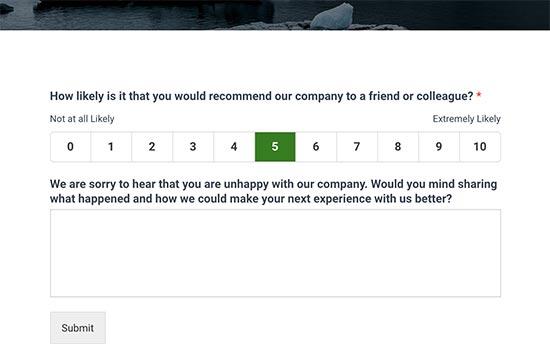 NPS survey form with feedback field