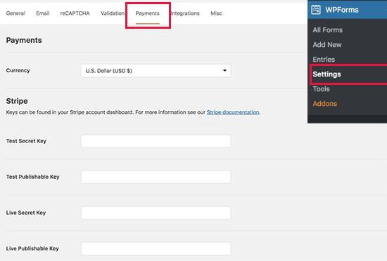 WPForms payments settings