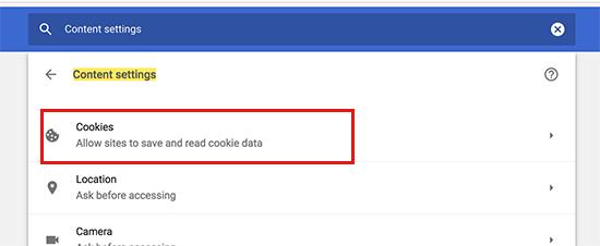 Cookies section in Chrome settings