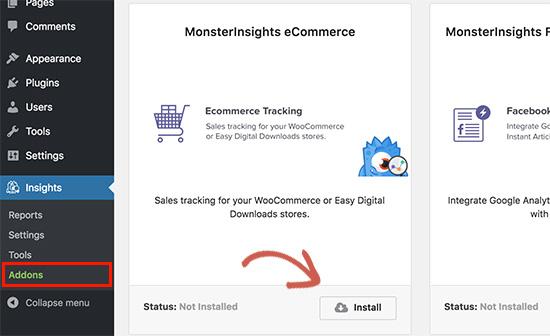 Install eCommerce addon for MonsterInsights