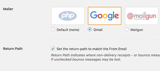 Select Gmail and set return path