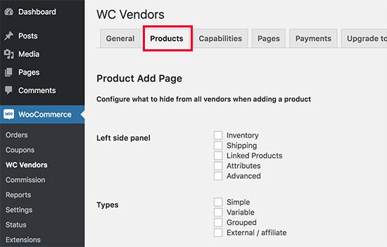 Configure products settings for vendors