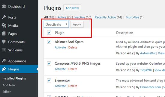 Deactivate all WordPress plugins