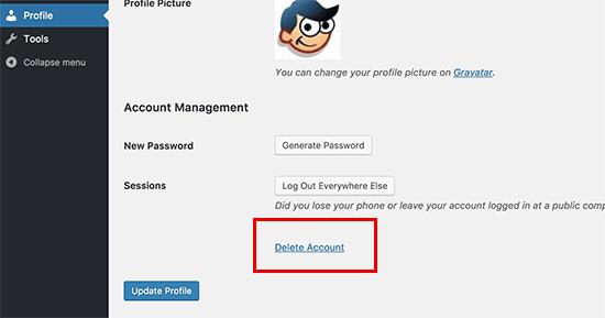 Delete account link on user profile page