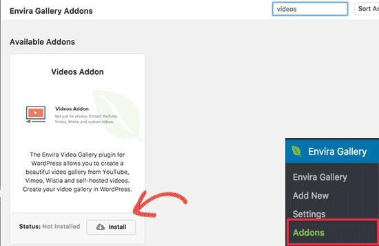 Next, you need to head over to Envira Gallery » Addons page. You’ll see all the addons available for you to install. Look for the Videos addon and install it.