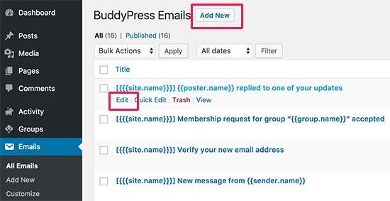 Edit email notifications in BuddyPress