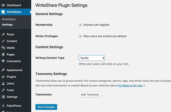 WriteShare settings page