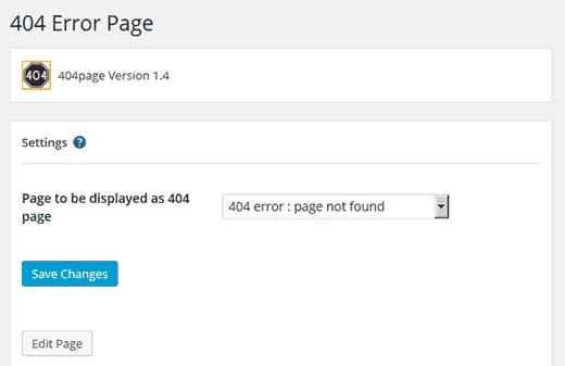 Settings page for 404page plugin for WordPress