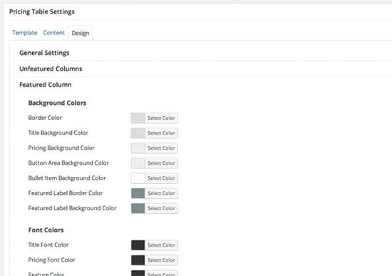 Customizing pricing table design and colors