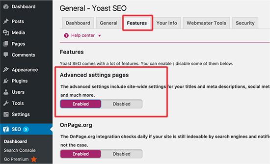 Enable advanced settings page for Yoast SEO