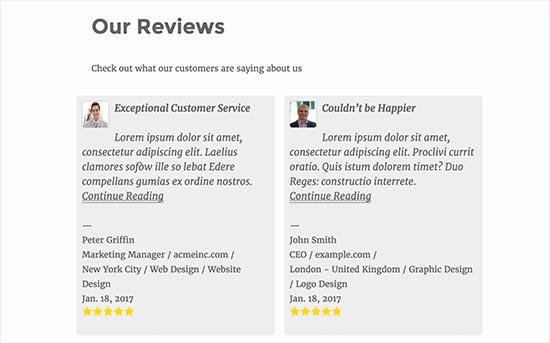 preview of a reviews page in WordPress