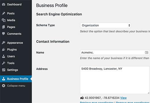 Business profile settings page
