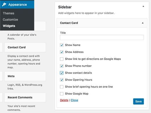 Contact card widget to show business opening hours