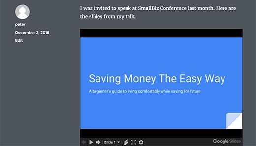 Preview of a Google Slides presentation in WordPress