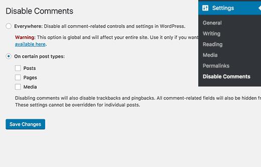 Settings page for Disable Comments plugin