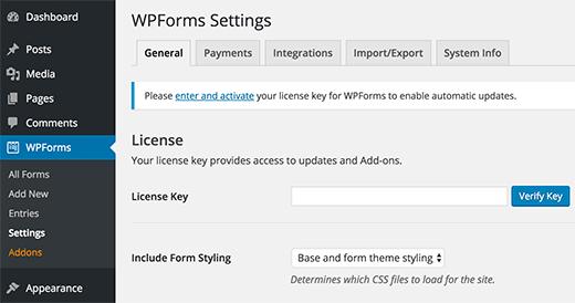Adding WPForms license key
