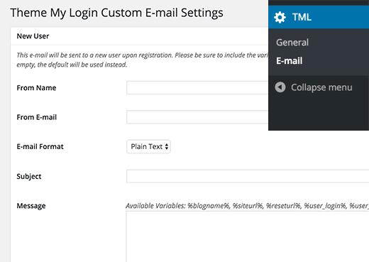 Theme My Login custom emails tab