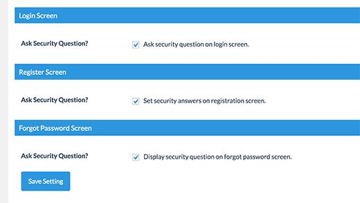 Enable security questions on login, registration, and lost password pages