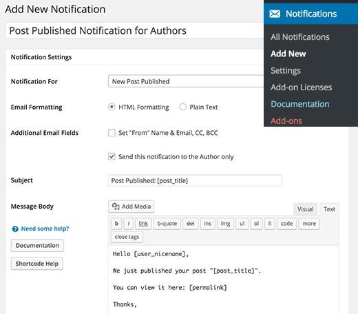 Create a new post published notification for authors in WordPress