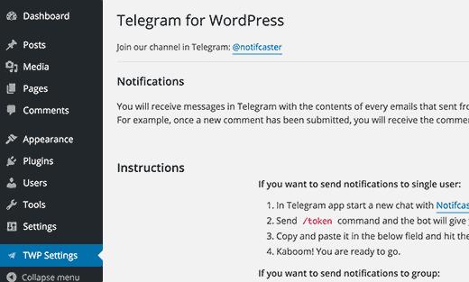Telegram for WordPress settings