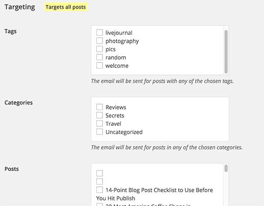 Target specific posts, categories, or tags