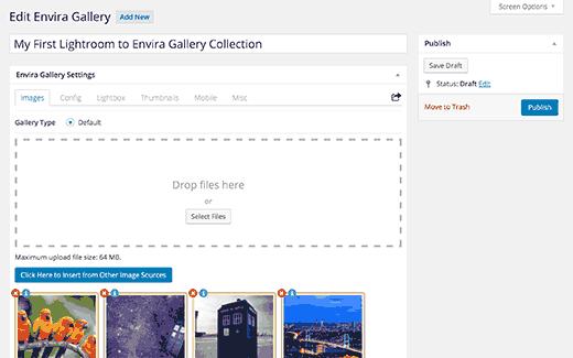 Publish Envira Gallery to add it into posts or pages