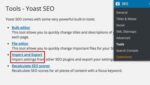 Import and export link on the tools page in Yoast SEO