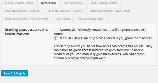 User access settings for a course