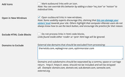 Advanced options for external links in WordPress