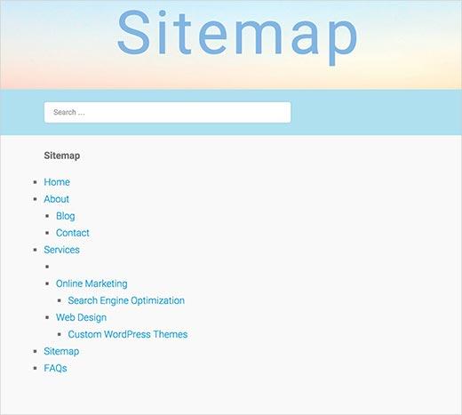 HTML sitemap showing only WordPress pages