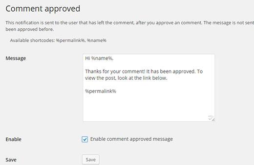 Comment Approved notification settings