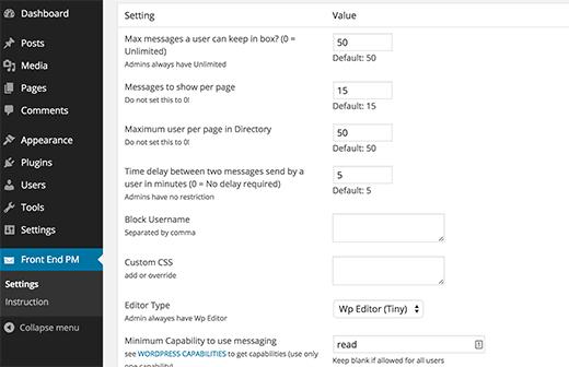Front End PM settings page