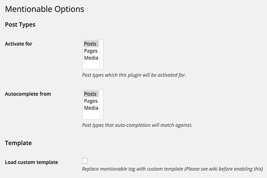 Settings page for Mentionable plugin