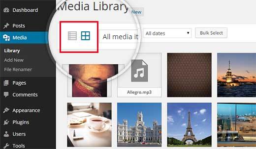 Switching from grid to list view in WordPress media library