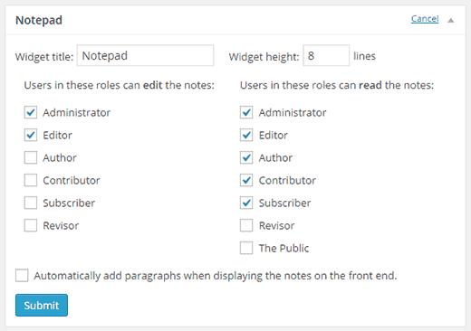 Configure notepad widget settings