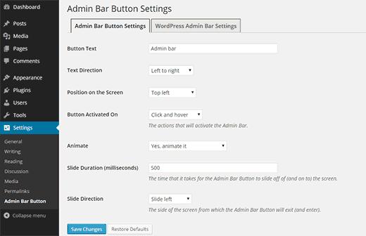 Configure the admin bar button settings