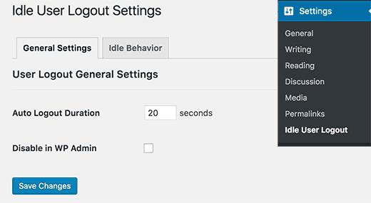 Settings page for Idle User Logout plugin