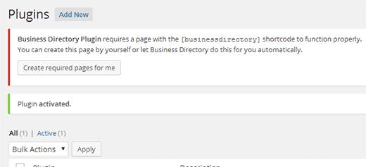 Post install notification - create page with business directory shortcode