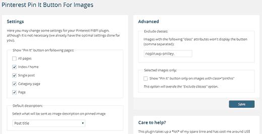 Settings for Pinterest Pin it for Images Plugin