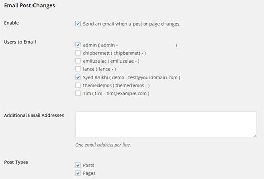 Configuring email post changes settings