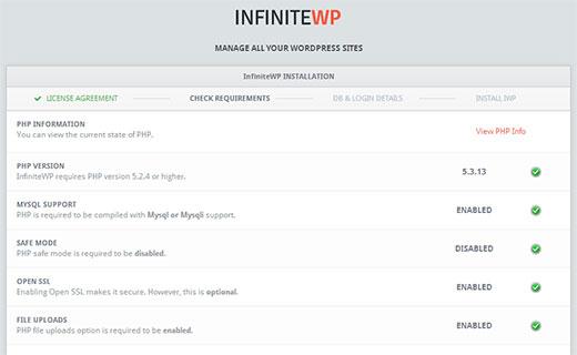 InfiniteWP will check for system requirements before the installation
