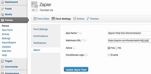 Paste the Zapier Webhook in your Form Settings