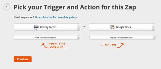 Choose Gravity Forms as Trigger and Google Docs as Action